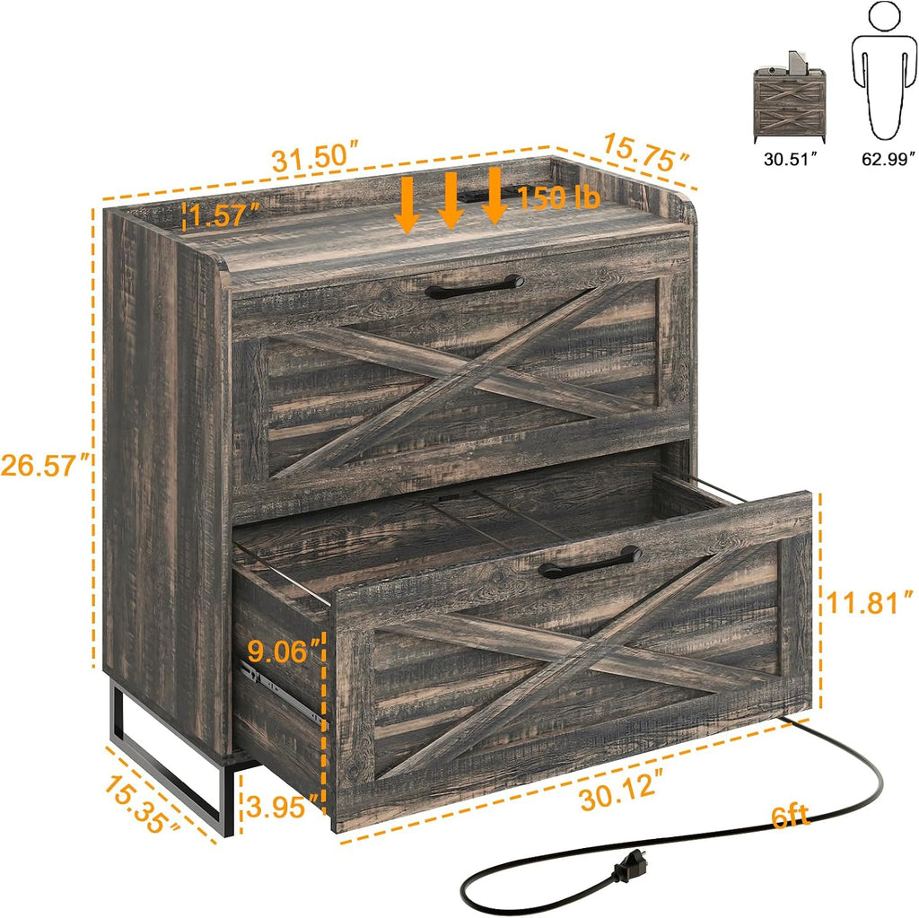 2 Drawer Lateral File Cabinet with Charging Station, Dark Oak | Filing Cabinet for Letter/Legal/A4 Size Hanging