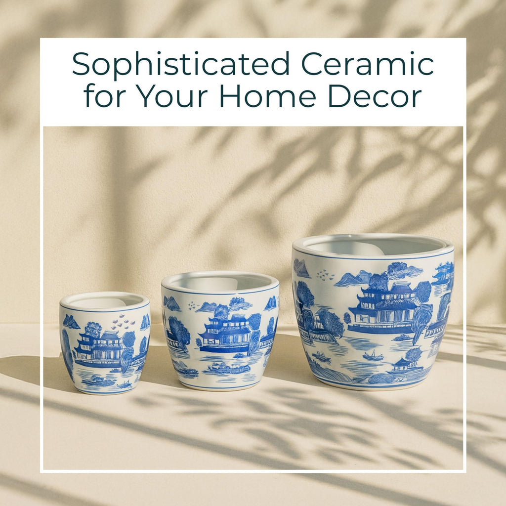 Set of 3 Stoneware Decorative Planter Pots with Drainage - Chinoiserie Style, Decorative Outdoor & Indoor Pots for