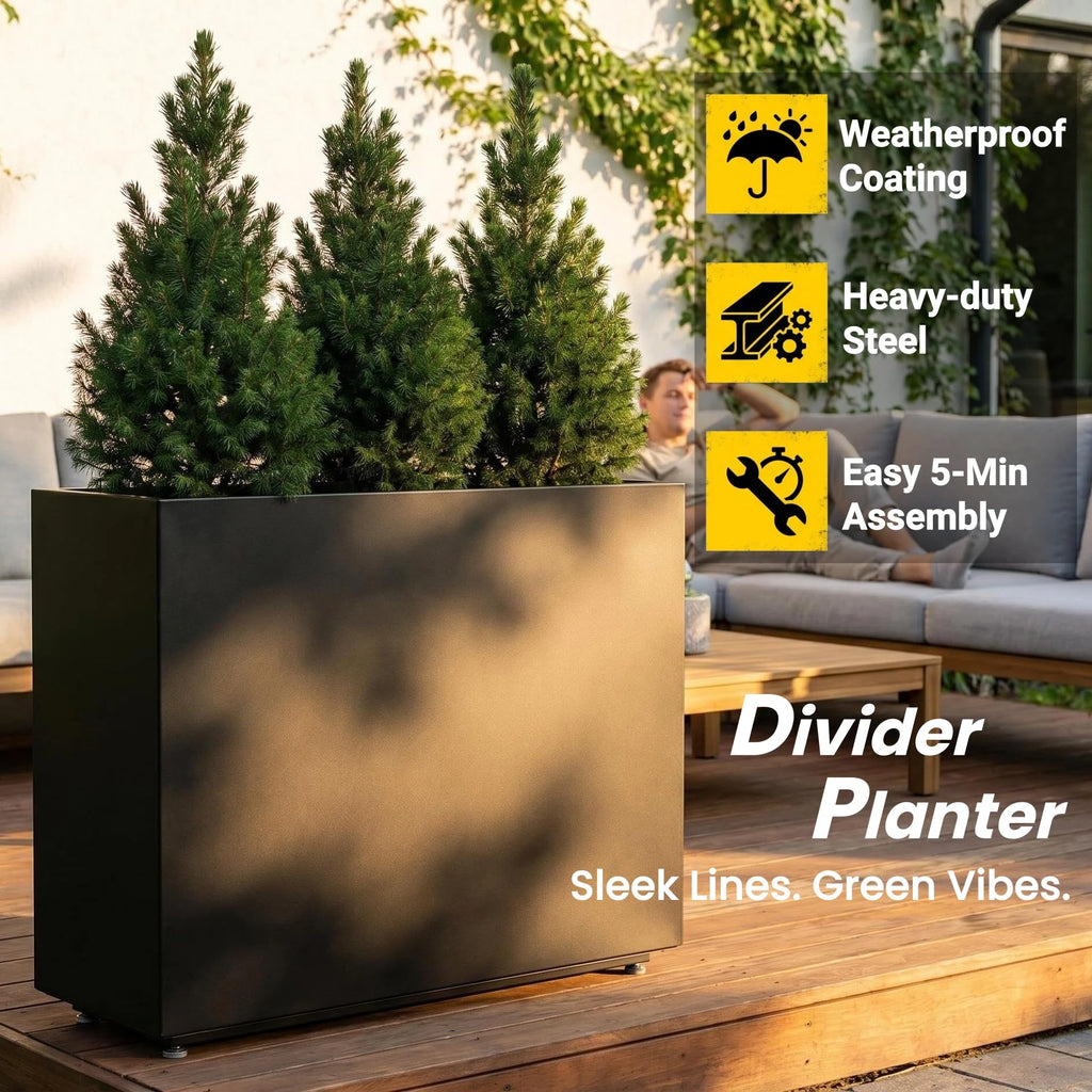 36Wx11Dx30H Tall Black Metal Planter Box, Easy Assembly Divider Planter