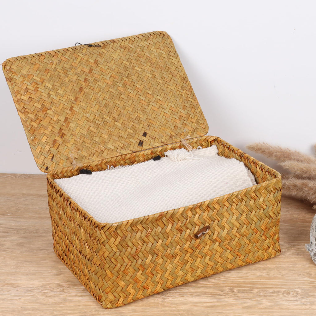 Wicker Shelf Baskets with Lid, Seagrass Storage Basket Bins Rectangular Handwoven Basket Boxes for Shelves Desktop