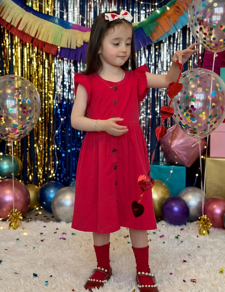 Girls Dress Flutter Sleeve Button Summer Sundress with Pockets