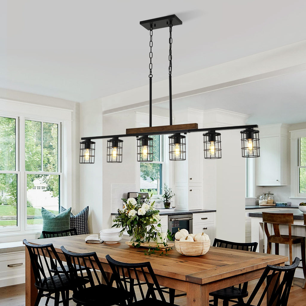 6-Light Farmhouse Kitchen Light Fixture, Rustic Wood & Metal Cage