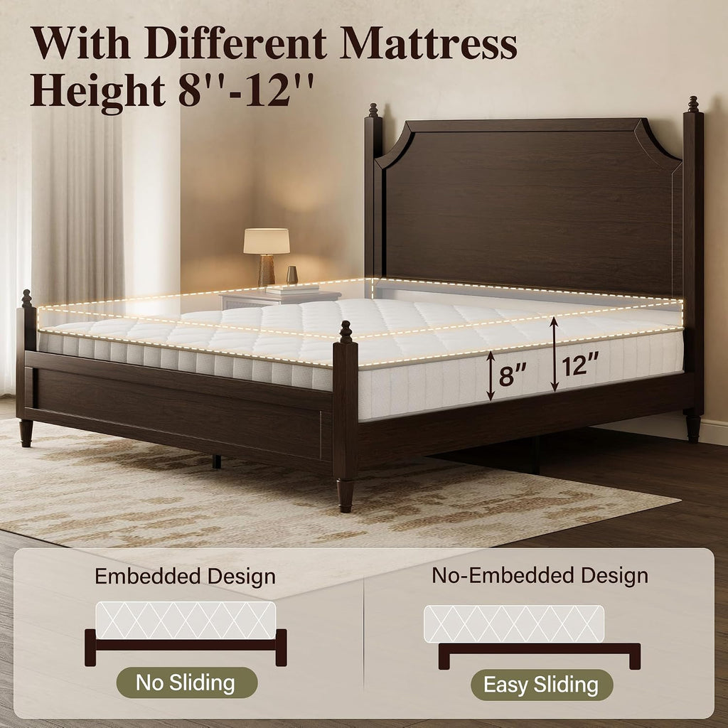 Classic Four-Poster King Bed Frame with Curved Headboard, Walnut Wood