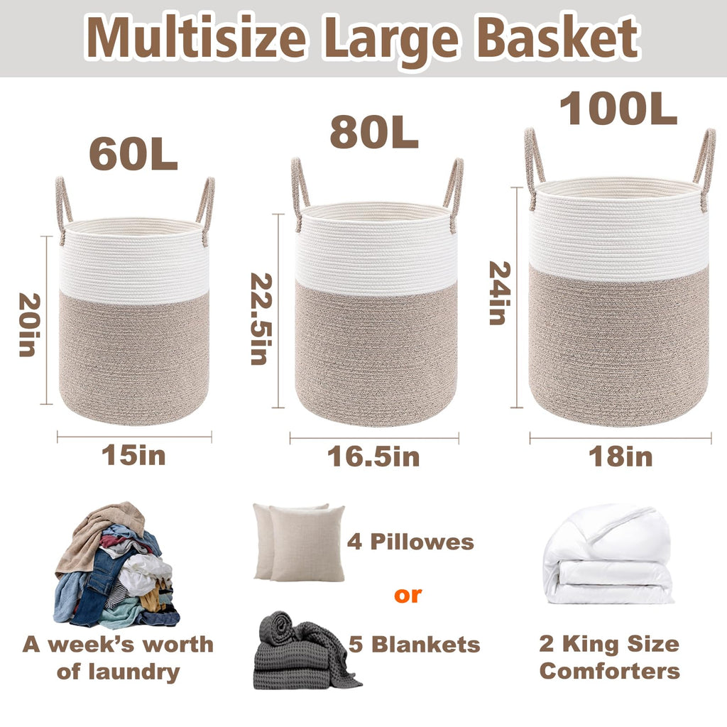 60L Cotton Rope Laundry Basket Hamper, Brown