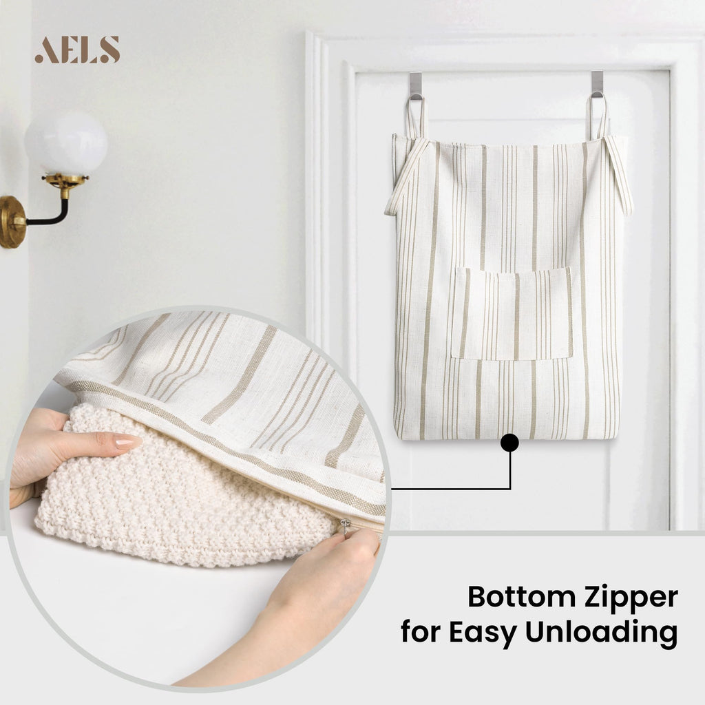 Farmhouse Hanging Laundry Hamper with 2 Hooks, Boho Beige & Light Brown Stripes Laundry Bag with Zipper & Wide Open