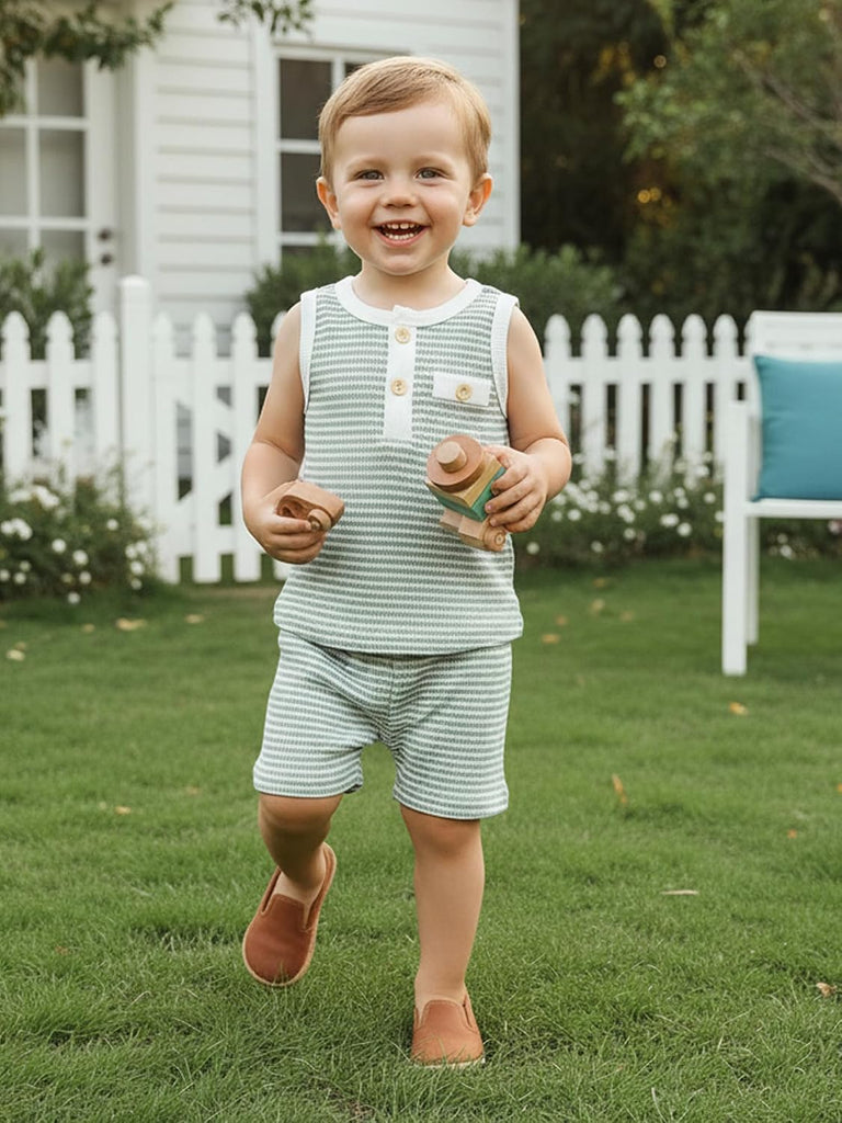 Toddler Baby Boy Stripe Waffle Sleeveless Shirt Shorts Set