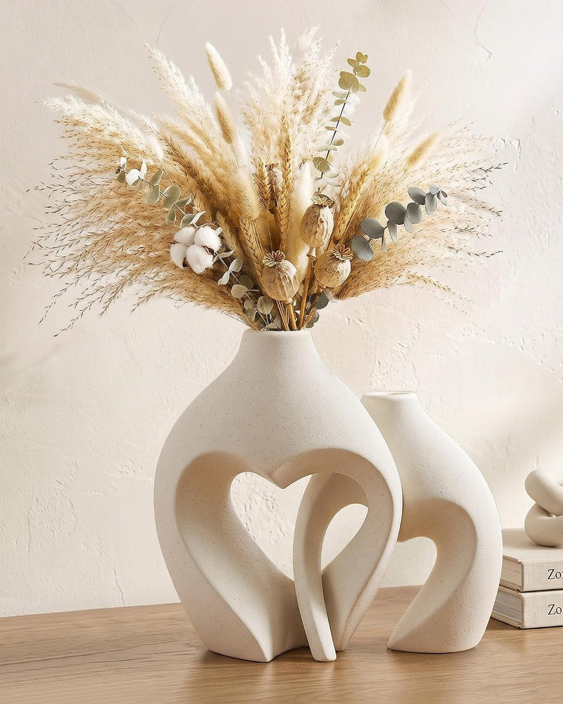 White Ceramic Flower Vase Home Table Decor Heart Shaped Vase Set of 2 | Boho Heart Shaped Minimalist Decorative Vases
