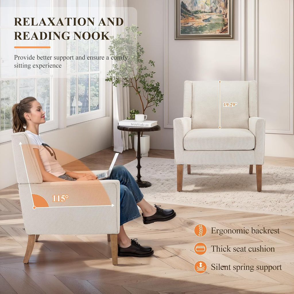 Living Room Chair, Wingback Mid-Century Accent Chair - Comfy Single Sofa with Solid Wood Legs & Velvet-Like Fabric