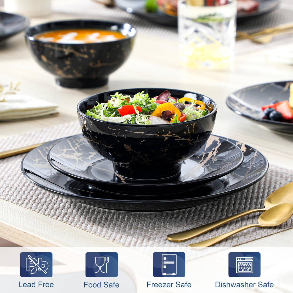 Plates and Bowls Sets for 4, 12 Pieces Porcelain Dinnerware Sets, Black and Gold Dish Set Gold Splash Dishware Sets