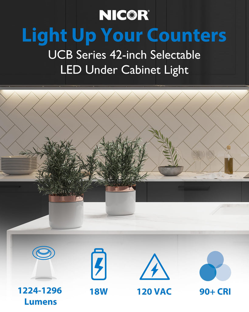 42" LED Direct Wire Under Cabinet Light with On/Off Switch - LED Lights - Selectable CCT 2700K-5000K, 1224-1296