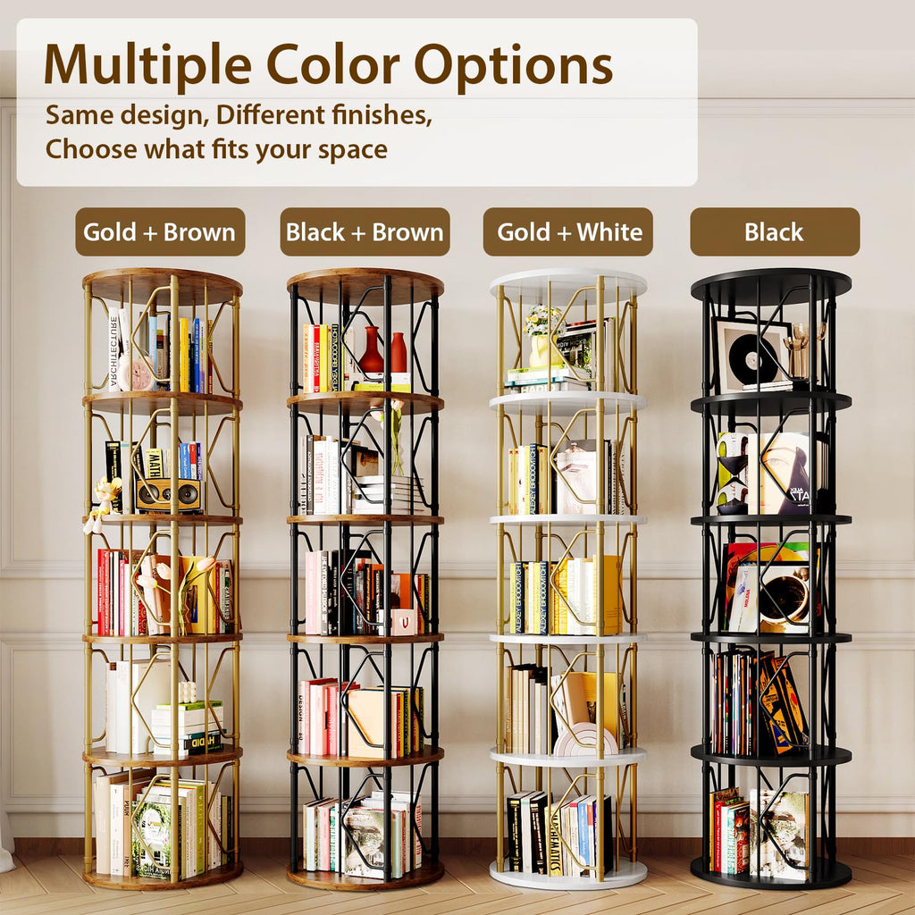 5 Tier Rotating Bookshelf Tower, Revolving Bookcase, Gold & White