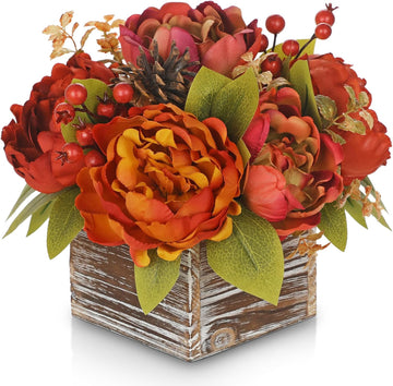 Fall Peonies Artificial Flowers Arrangements In Rustic Square Wooden Box