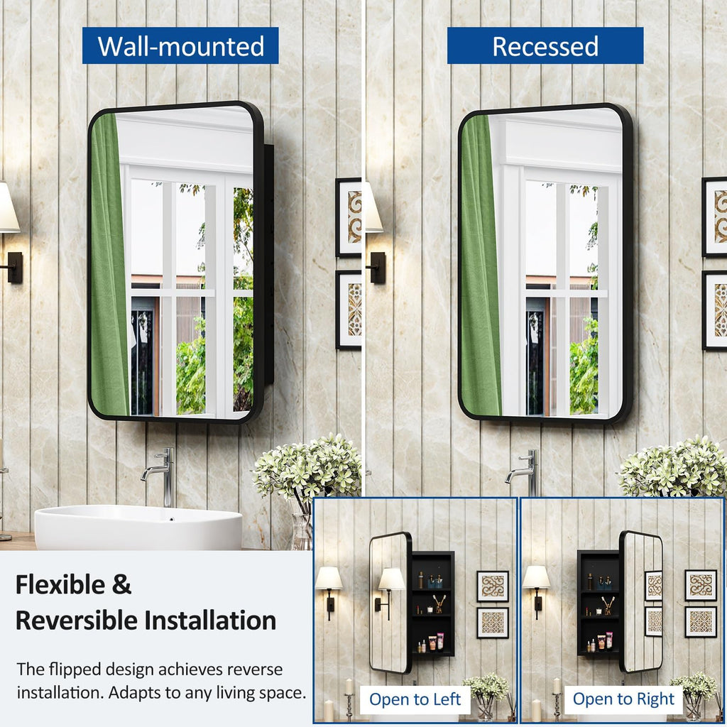 16x24 Inch Black Mirror Medicine Cabinet Metal Framed Recessed Wall Mounted Bathroom Medicine Cabinet with Mirror and