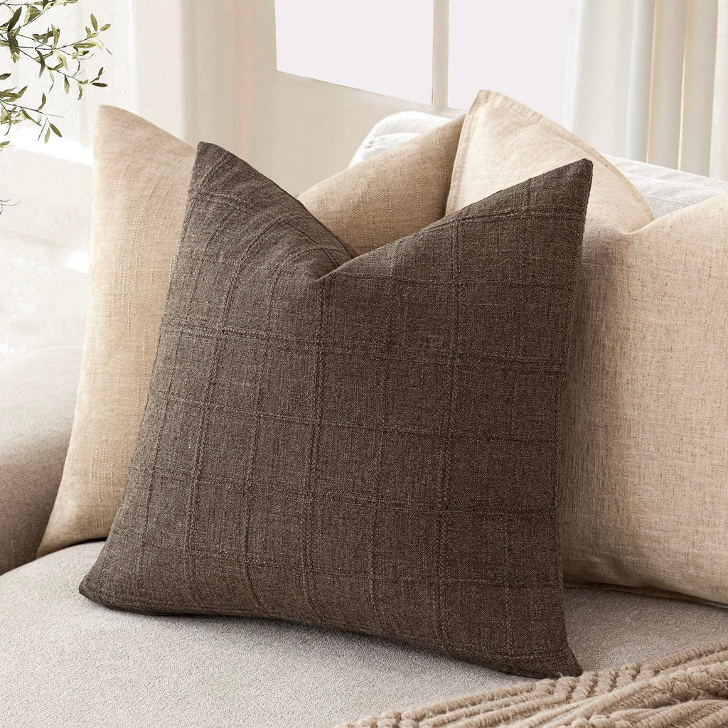 Boho Linen Check Decorative Throw Pillow Covers 26×26 Dark Brown