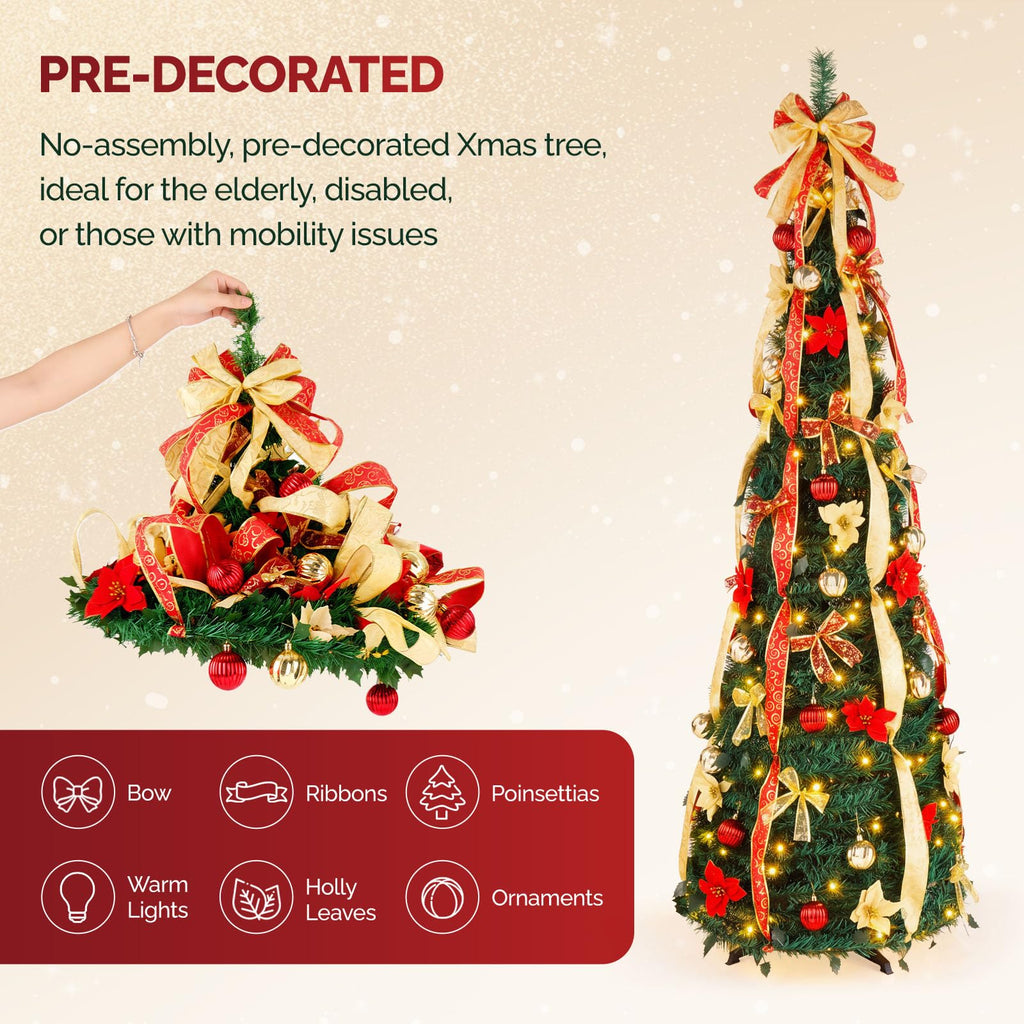 6ft Pre lit Pop Up with Lights, Pre-Decorated Artificial Pencil Xmas Tree Collapsible Holiday Party Decorations