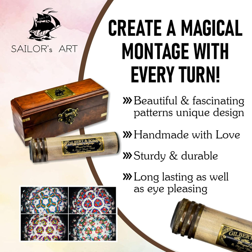 Handmade Kaleidoscope with Wooden Box, Educational Vintage Collection, Antique Birthday Gift Décor Solid Brass 5.5