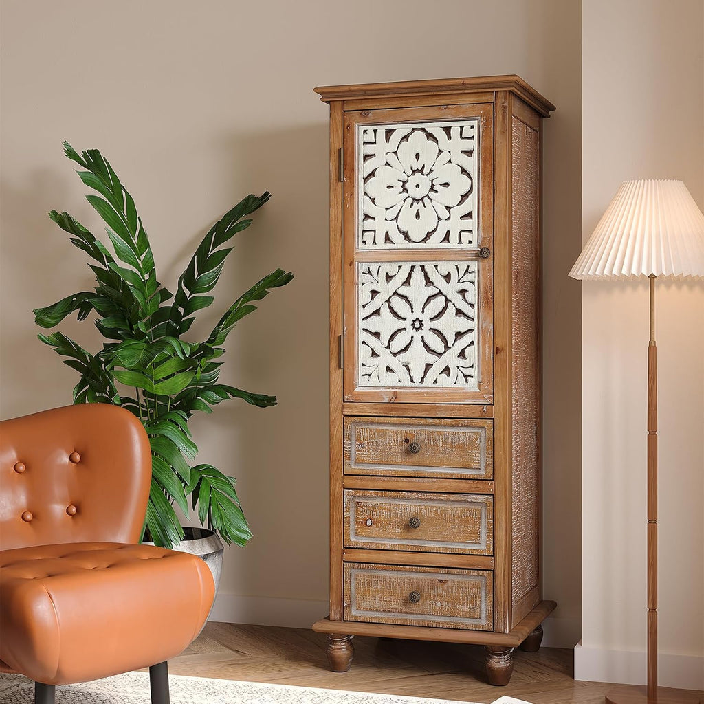 54" Distressed Solid Wood Freestanding Storage Chest, Accent Cabinets with Cutout Magnetic Door, Utility Organizer