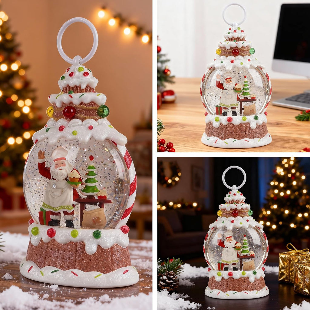 9" Lighted Musical Snow Globe Lantern, Gingerbread Santa Baker with Swirling Glitter, Cupcake Christmas Tree, USB