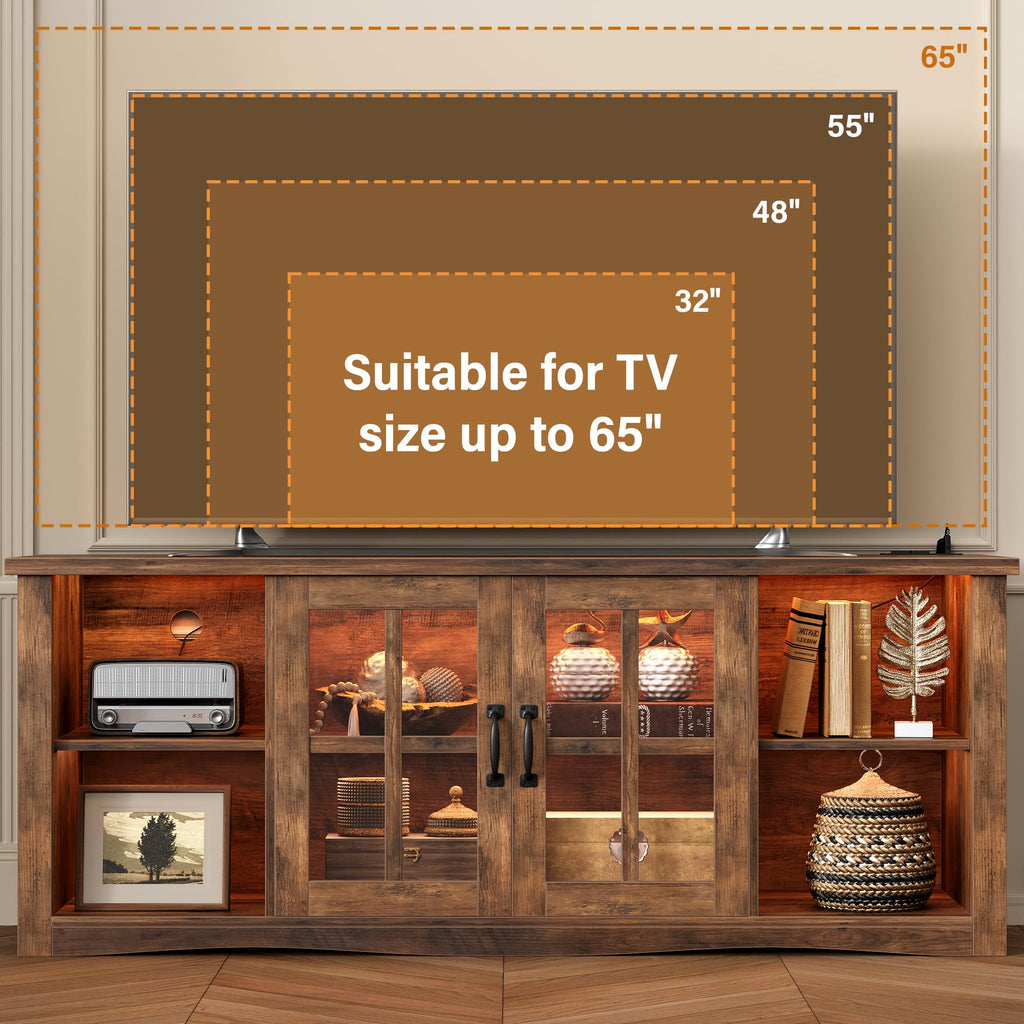 Farmhouse LED TV Stand with Power Outlet for 65 Inch TV, Brown