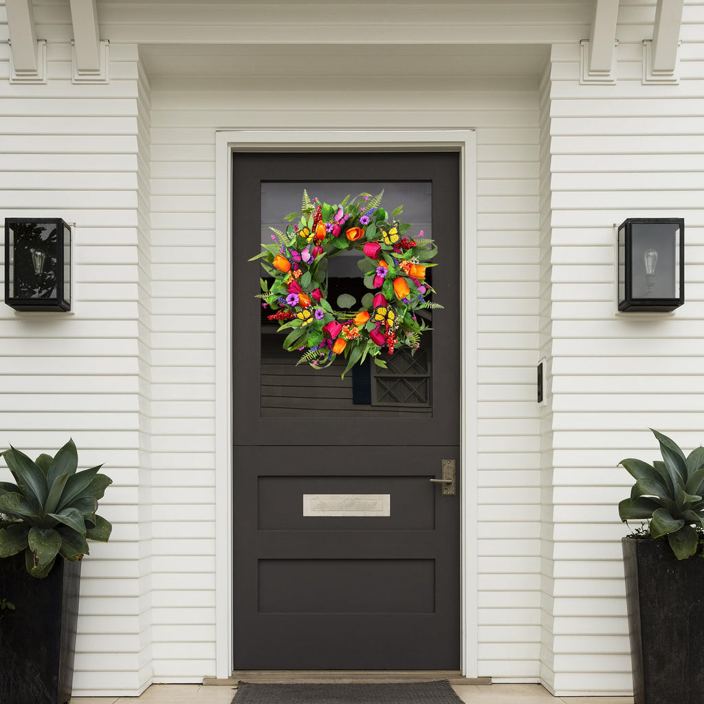 Spring Summer Wreath for Front Door 22 Inch Artificial Tulips Wreath with Eucalyptus Leaves Lavender Ferns Colorful