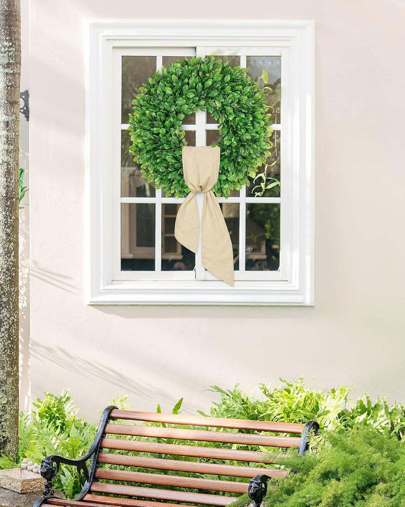 20 Inch Faux Round Boxwood Wreath, Weatherproof Wreaths for Front Door, Artificial Spring Summer Greenery Wreath