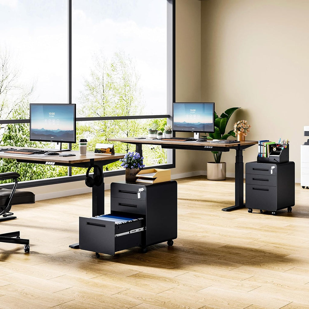 Mobile Filing Cabinet 3 Drawer, Rolling Small File Cabinet with Keys Under Desk, Modern Black Filing Cabinets with