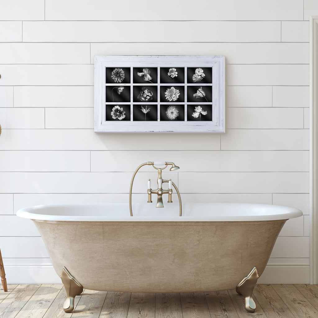 Collage Picture Frame for Wall, Holds 12 4x6 Photos, Distressed White Wood and Glass, Horizontal or Vertical Hanging