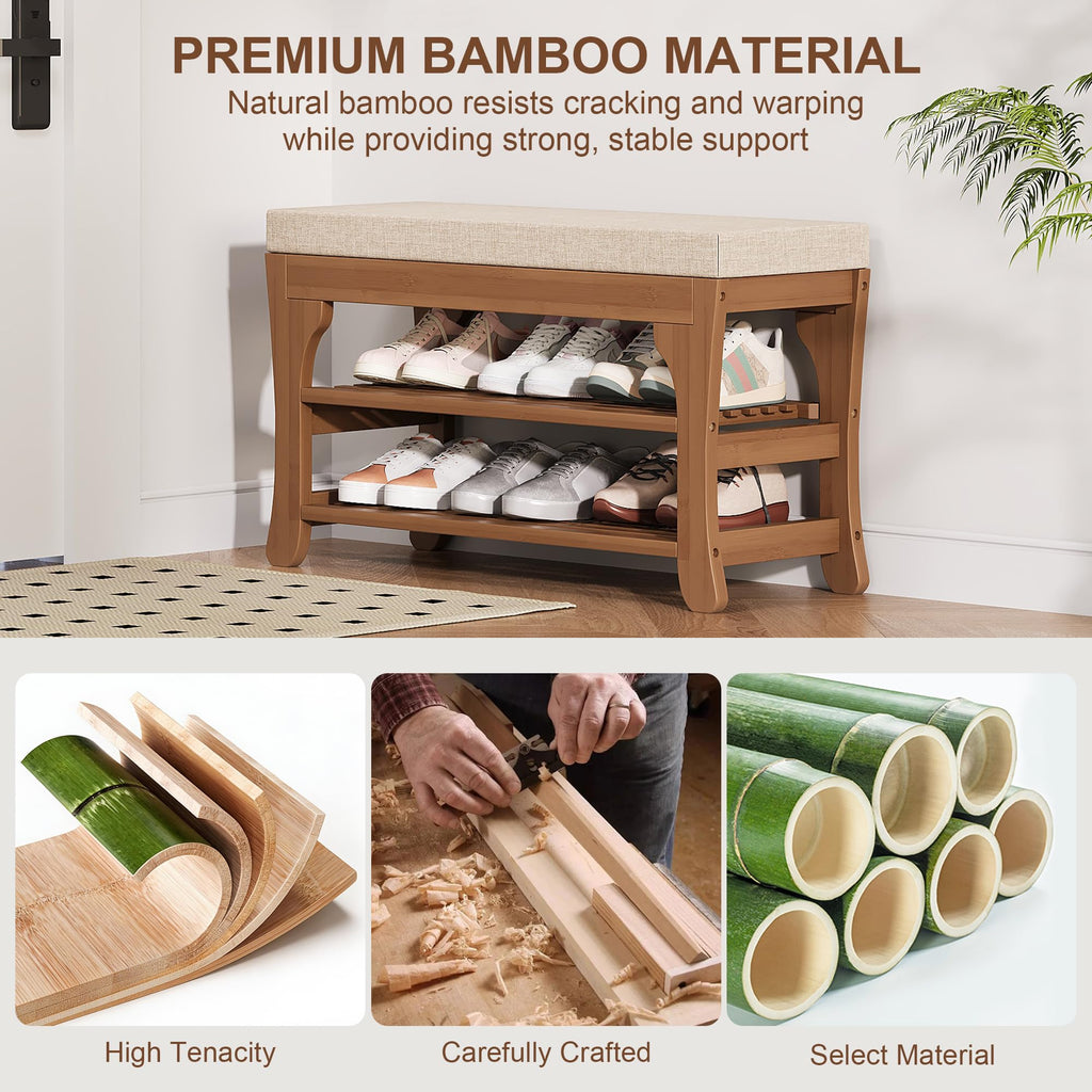 27.6" Shoe Storage Bench with Cushion, Bamboo Shoe Rack Bench, 2-Tier Entryway Shoe Organizer, Supports up to 350 LB