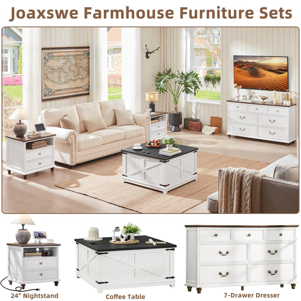 24" Wide Farmhouse Nightstand with Charging Station, End Table with 2 Drawers, White Wood Cabinet, Bed Side Table