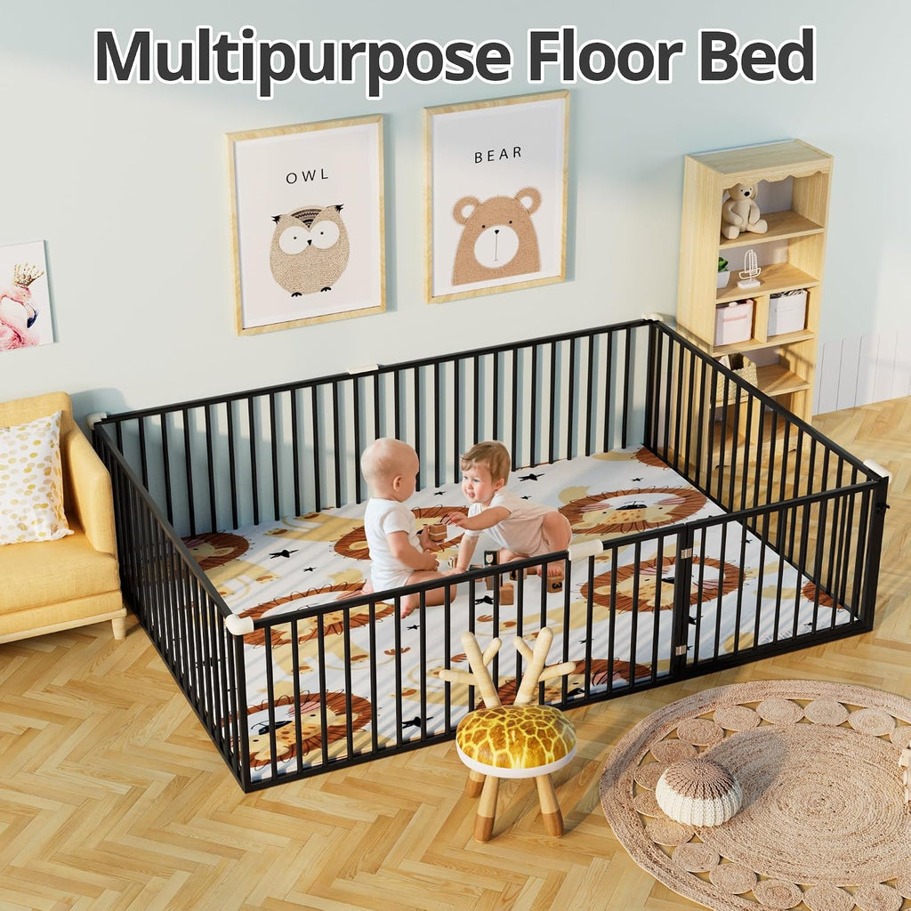 Metal Floor Bed Frame with Safety Guardrails & Door, Montessori Bed Frame, Metal Montessori Floor Bed for