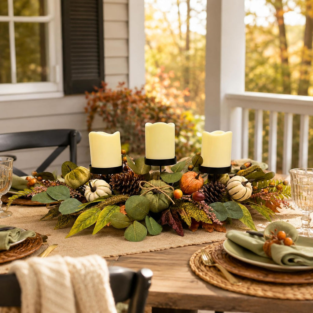 Inch Fall Candle Holder Centerpiece with Pumpkins Pinecones - Set of 3