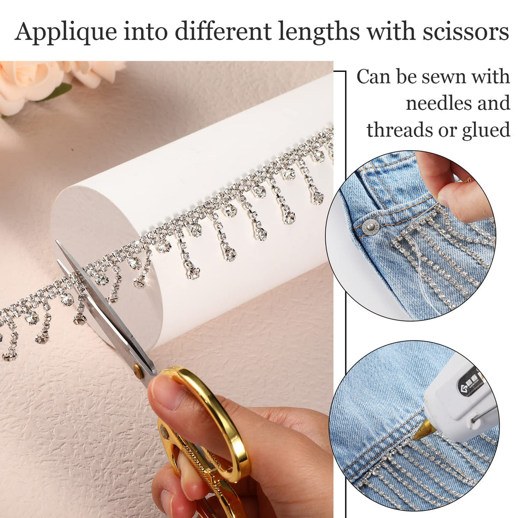 Rhinestone Fringe Trim Gold Crystal Cuttable,4 Yards,Silver - 2 Yard