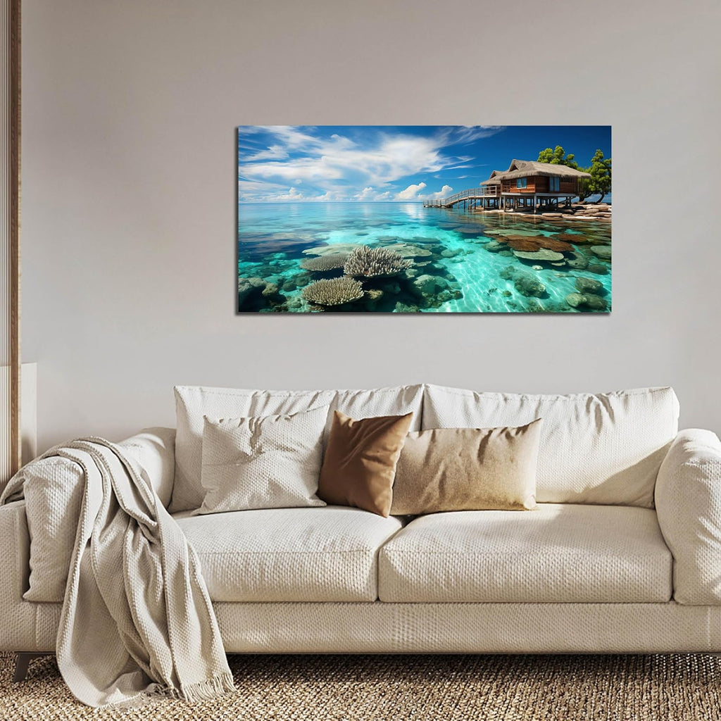 Ocean Scenic Canvas Wall Art, Blue Seascape Wall-Decor Picture , Ocean Scenery Canvas Decoration, Coastal Landscape
