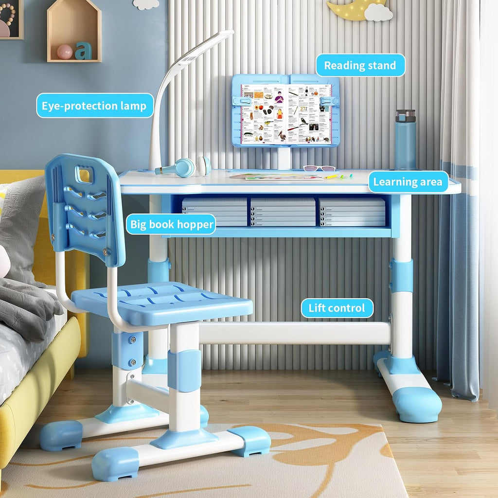 Kids Desk and Chair Set Adjustable Height, Toddler Study Table Kids Table and Chairs with Storage and Drawers