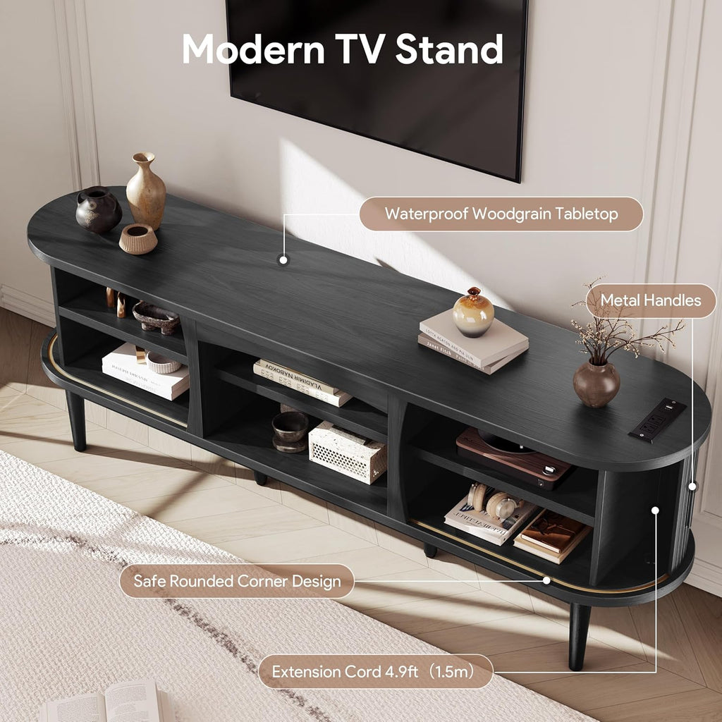 Mid Century TV Stand for TVs up to 80 Inches, Entertainment Center with Storage, Power Outlet, Fluted Sliding Doors &