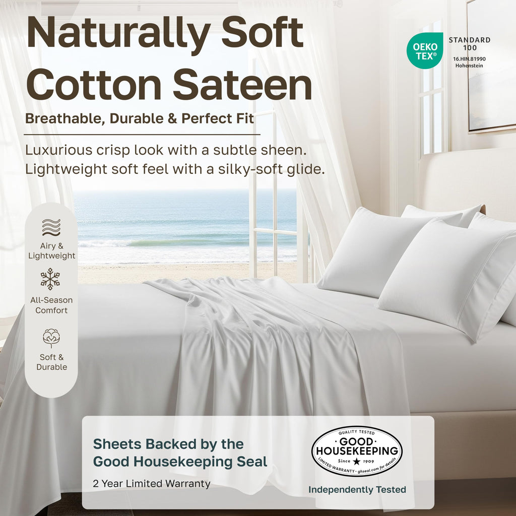 Soft Natural 100% Cotton Sateen Bed Sheets, 4 Pc Set, Blue Hydrangea