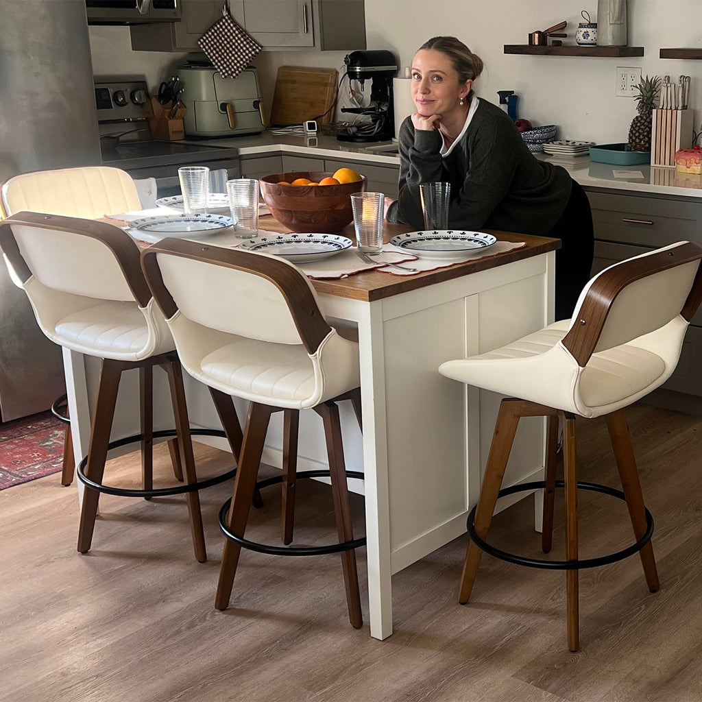 Set of 4 Bar Height Stools - 29.5 inch Mid Century Swivel Bar Stools with Upholstered Faux Leather, Walnut Crafts