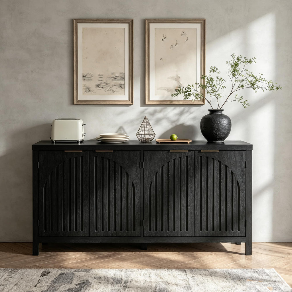 Fluted Sideboard Buffet Cabinet with Storage, 58" Mid Century Modern Accent Cabinet with Arch Doors, Large Wood Media