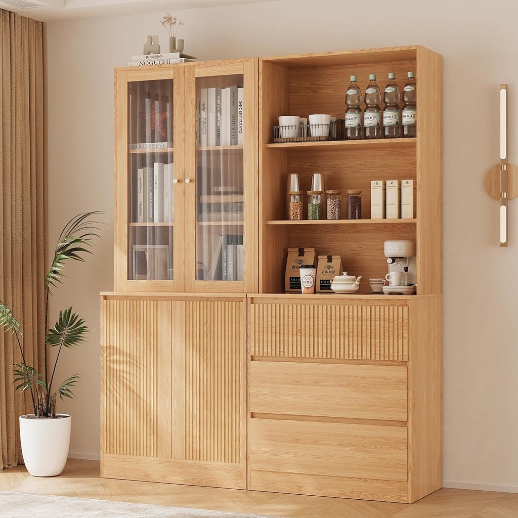 Tall Bookcase with Glass Doors and Drawers,71'' Wooden Bookshelf with Storage,Display Cabinet ,Set of 2 (A+B)