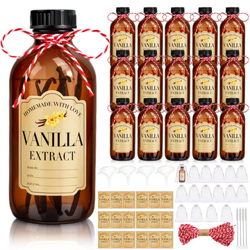 16Pcs 8 oz Amber Glass Bottle Boston Round Bottles for Vanilla Extract Homemade, Brown Vanilla Extract Bottles with