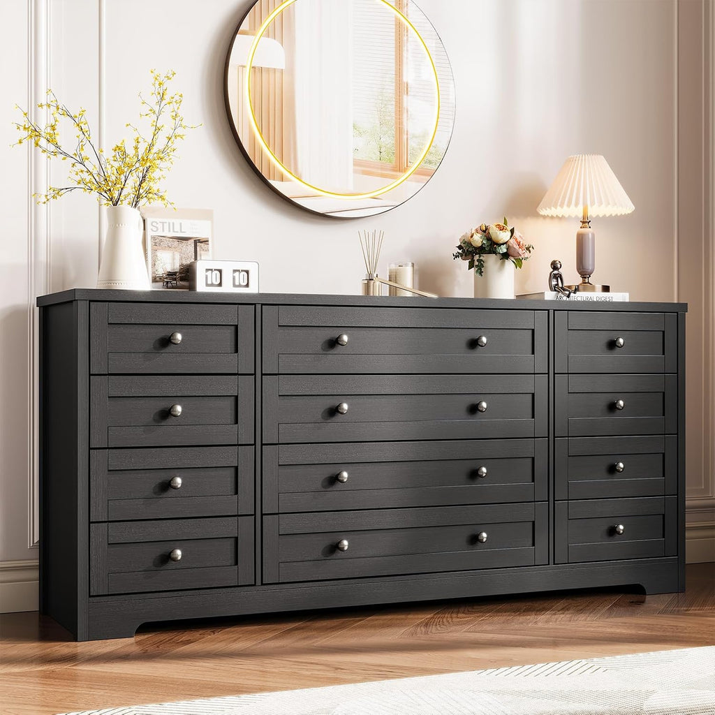 12 Drawer Wood Dresser - 63" Wide Chest of Drawers, Modern Storage Cabinet , Fits 65 Inch TV, Sturdy Wood