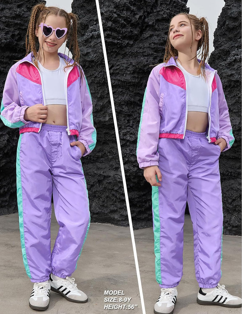 Girls' Clothing Sets 2 Piece 80s 90s Outfits Neon Jacket Pants Hip Hop Dance Outfits for Girls Tracksuit Set