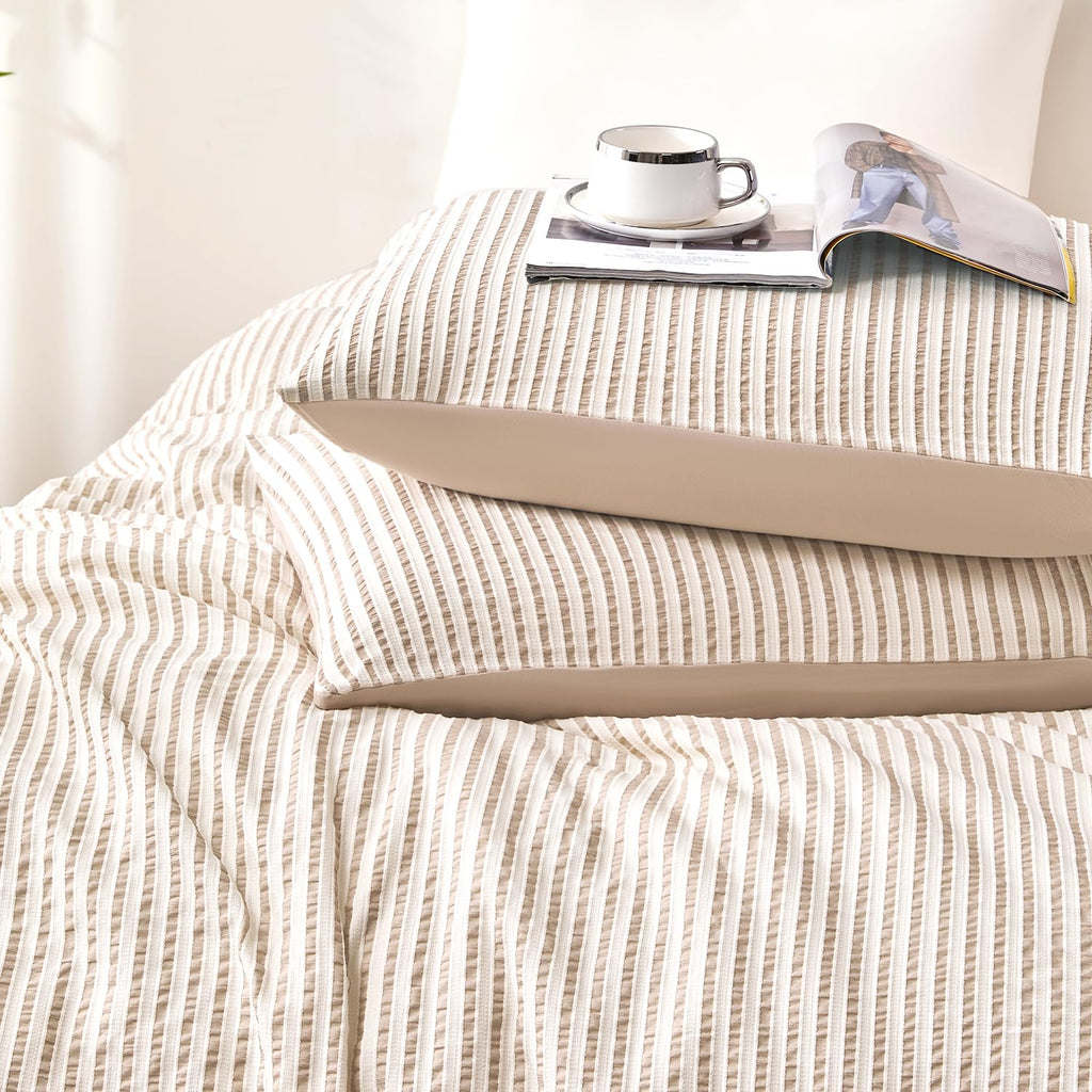 Boho Comforter Set Queen Size Tan Beige & White Striped Tufted Bedding 3 Pcs