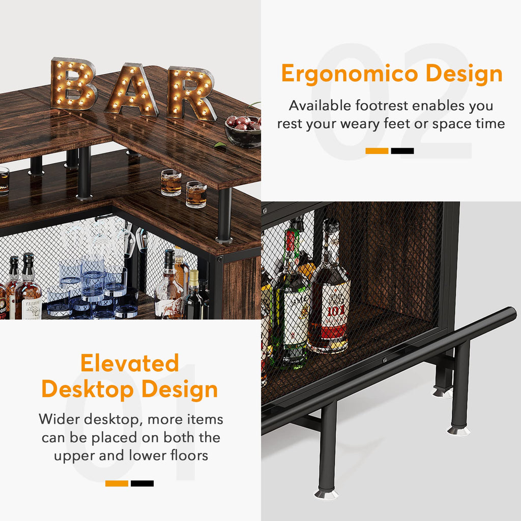 Bar Unit, L-Shaped Bar Table with Stemware Racks and 2-Tier Shelves, Corner Mini Coffee Liquor Cabinet with