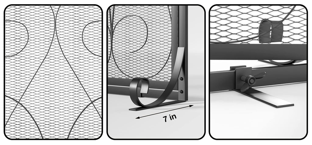 2-Panel Fireplace Screen with Doors Handcrafted Wrought Iron Decorative Mesh, Symmetric Scroll Fire Spark Guard-Black