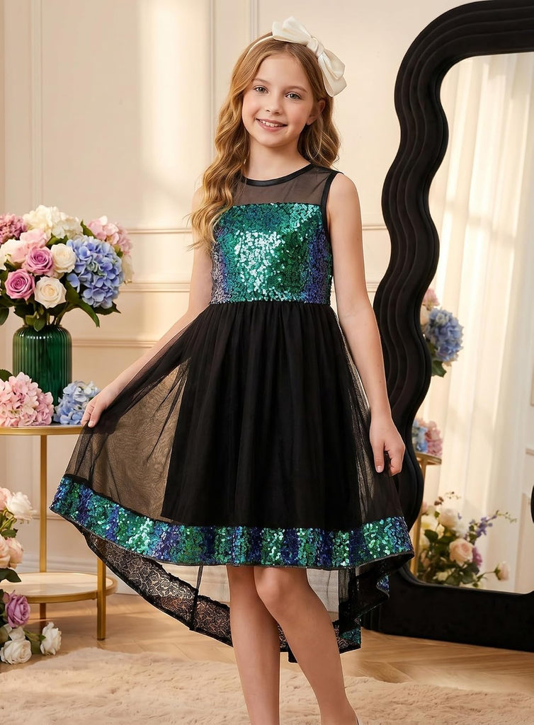 Girls Sequin Party Formal Dress Wedding Guest Sparkle Fancy Birthday Tulle High Low Prom Dresses
