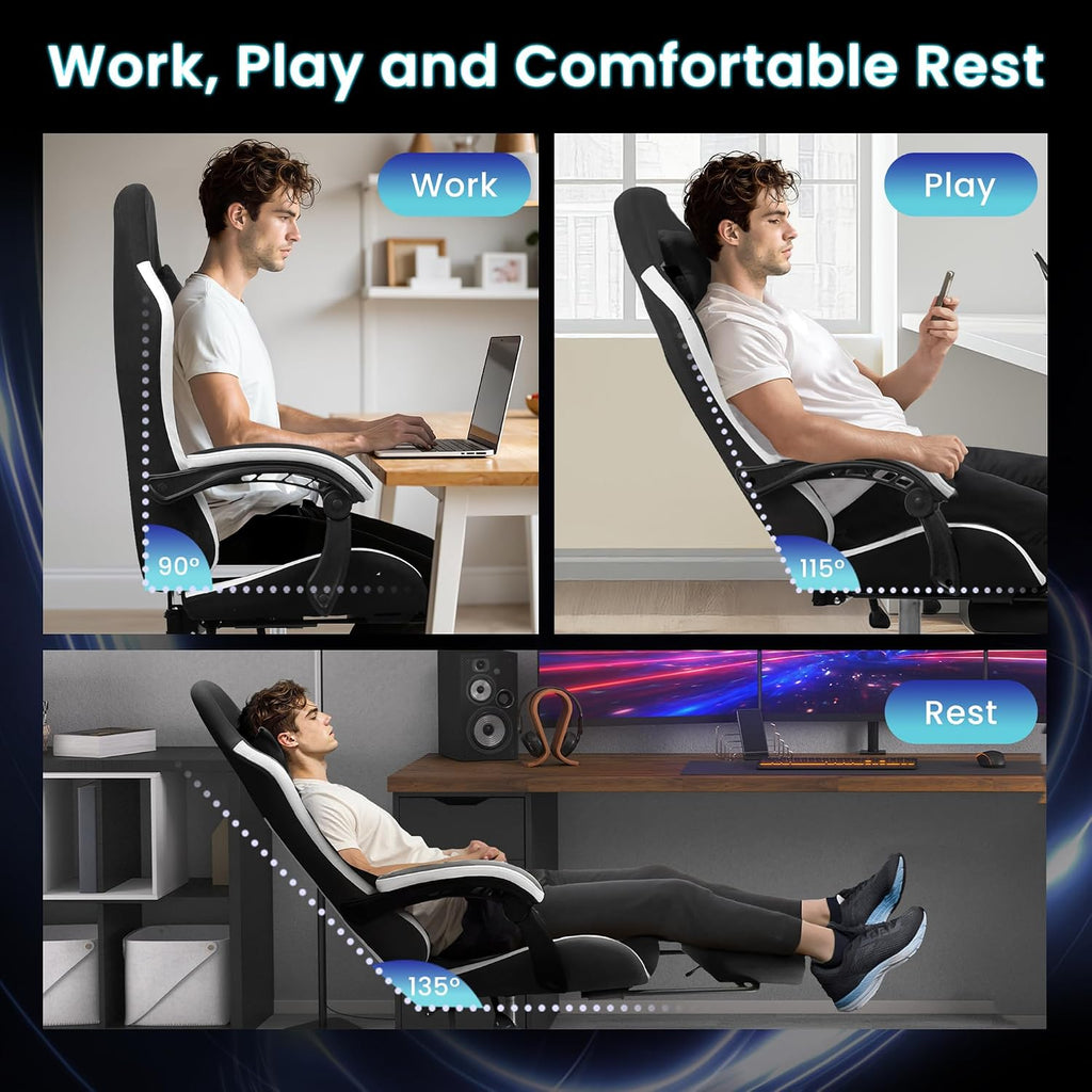 Gaming Chair, Lumbar Support with Breathable Fabric, Black | Ergonomic Design with Linkage Armrests, Adjustable