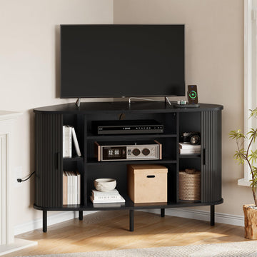 47" Corner TV Stand, Fluted TV Cabinet for 55 Inch TVs, Black