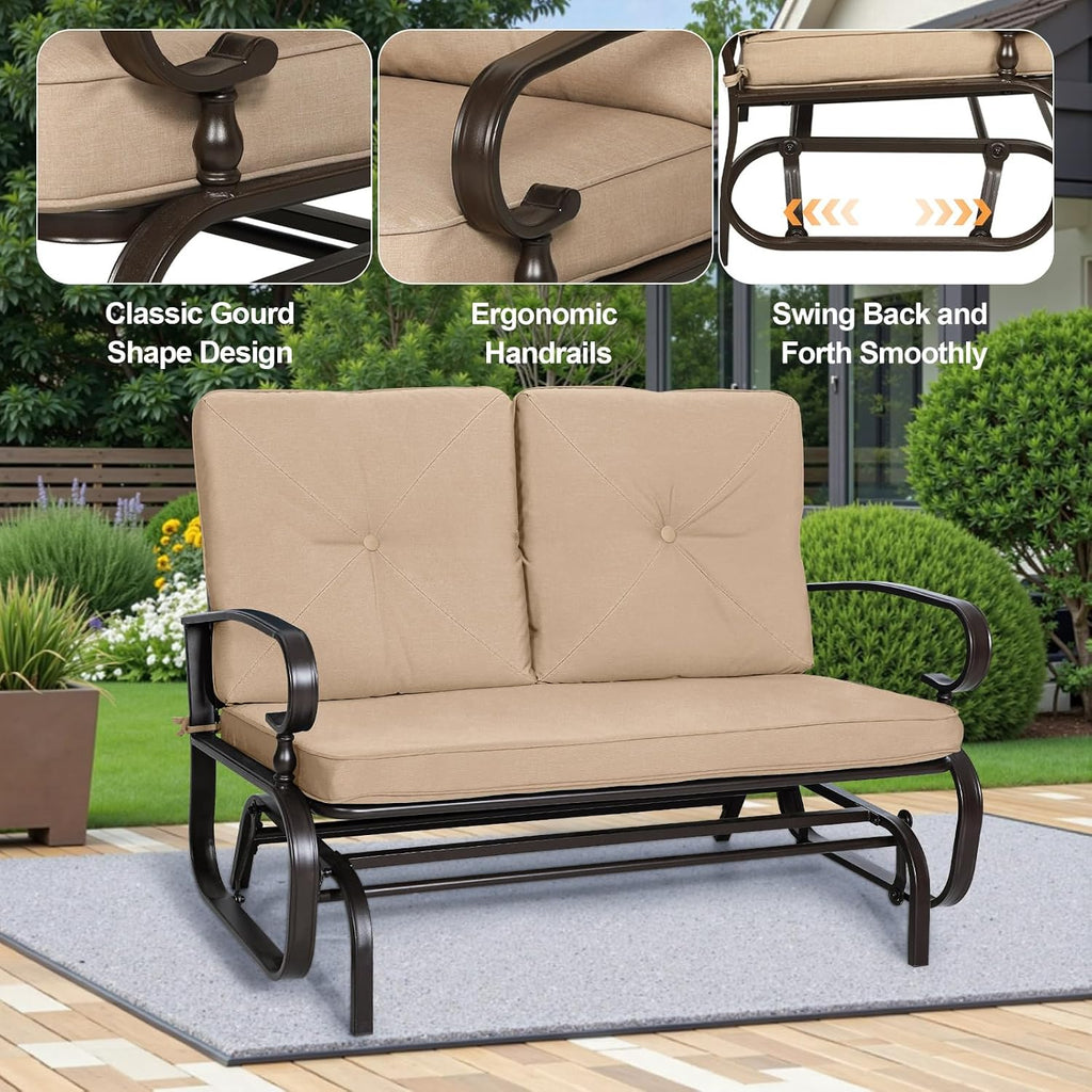 Outdoor Loveseat Patio Swing Glider Bench 2 Seats Rocking Chair, Wrought Iron Chair Set with Brown Cushion