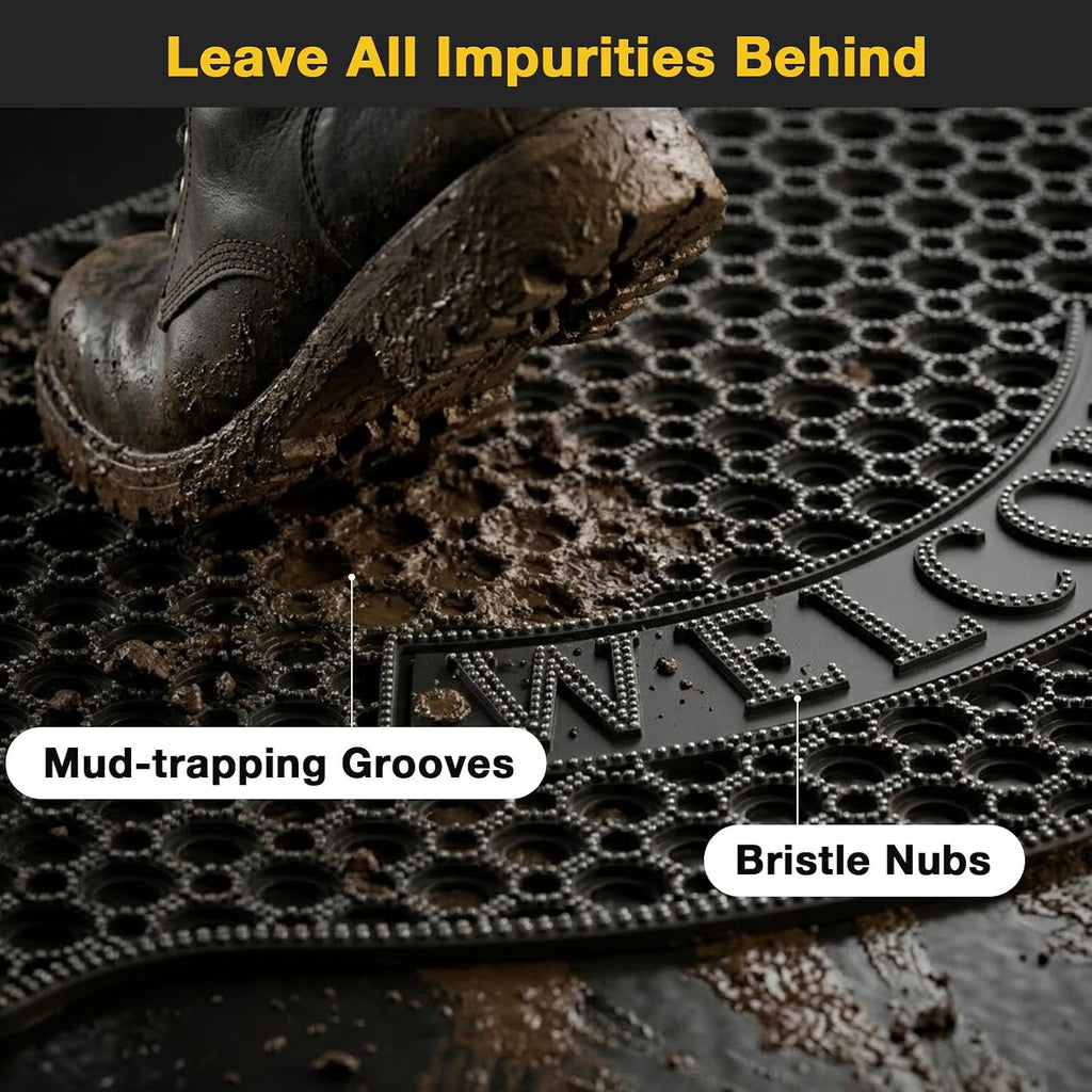 31"x 47" Black Non Slip Waterproof Welcome Rubber Door Mat with Holes, Outdoor Rubber Mats with Drainage for